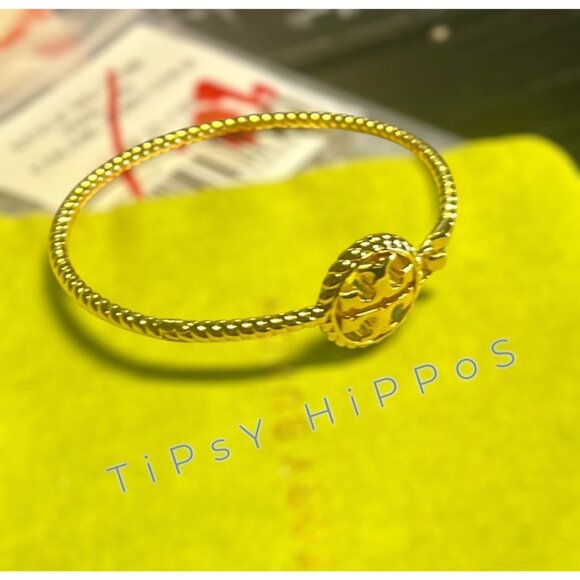 Tory Burch Gold Tone Logo Bracelet With Textured Band & Iconic Emblem - Picture 6 of 9
